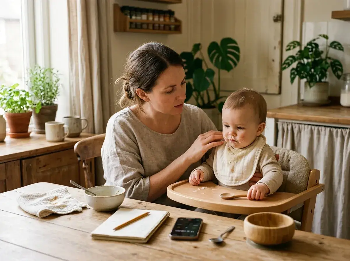 Mutter füttert Kleinkind mit Buttermilch am Tisch. Das Baby hat etwas auf dem Gesicht.