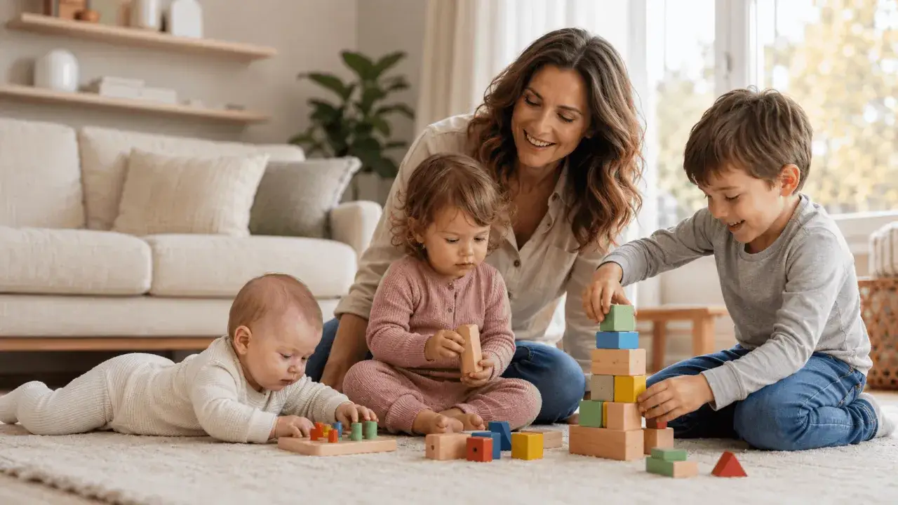 Mutter spielt mit ihren drei Kindern auf dem Teppich. Ein Baby sprung-artig auf dem Bauch, w&auml;hrend die anderen mit Holzkl&ouml;tzen bauen.