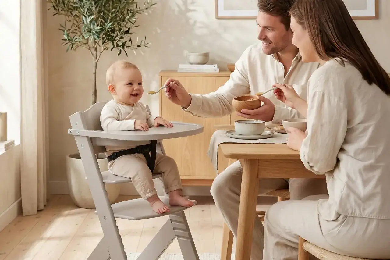 Glückliches Baby im Hochstuhl wird von Eltern gefüttert. Ein schöner Moment vor oder nach Beikost stillen.