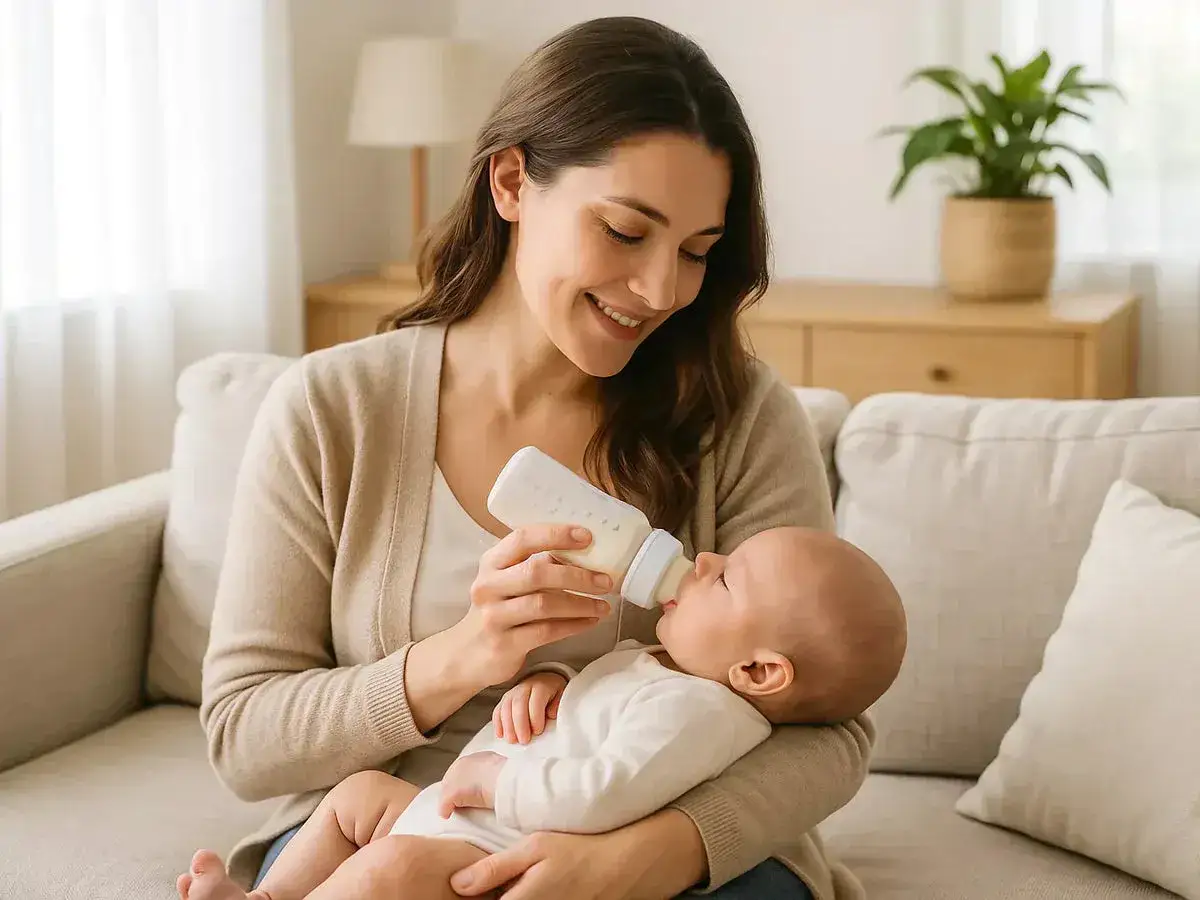 Eine l&auml;chelnde Mutter f&uuml;ttert ihr Baby mit einer Flasche. Die Zubereitung von Milchpulver ist einfach und schnell.