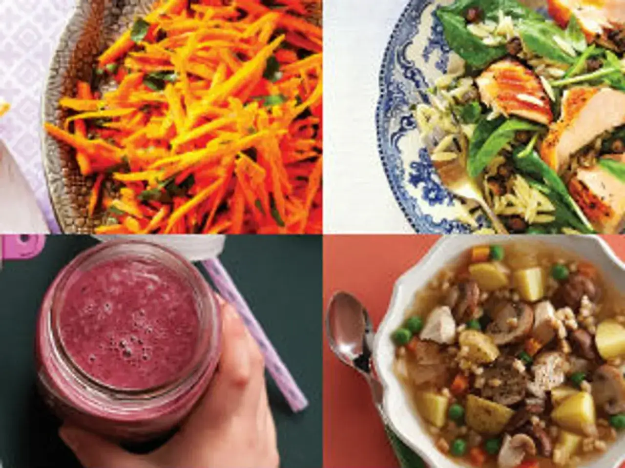 Vier gesunde Mahlzeiten: Karottensalat, Lachs mit Orzo, Beeren-Smoothie und eine herzhafte Suppe. Perfekt für das Stillzeit-Essen.