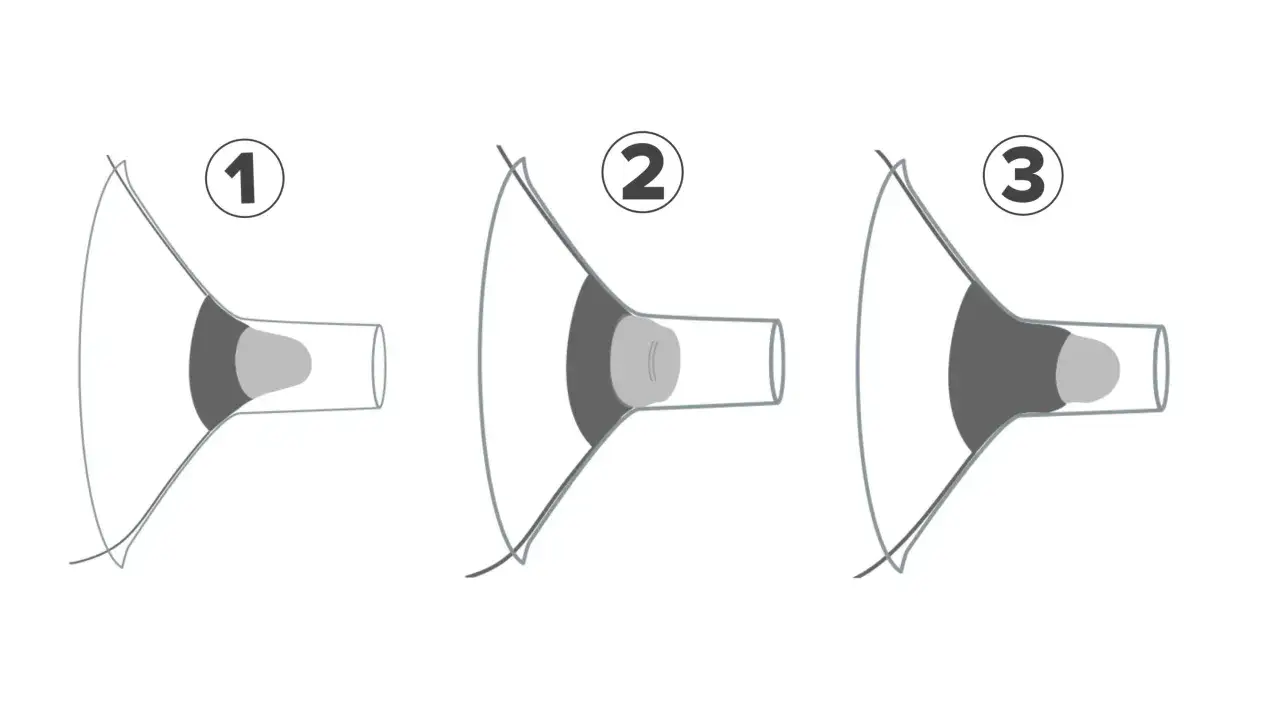 Illustration zeigt drei Phasen eines Brustwarzenschutzes. Wenn beim Abpumpen kaum Milch kommt, kann dies an der Passform liegen.