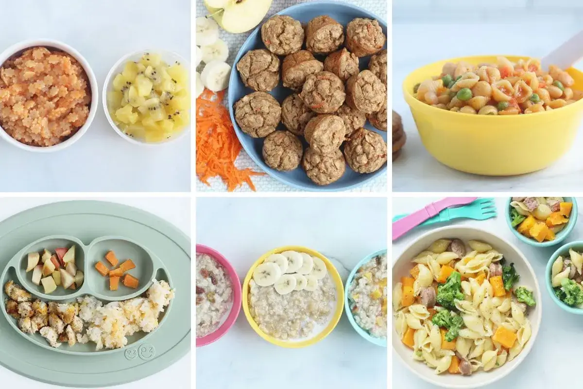 Wochenplan Essen Kind 1 Jahr: Vielfältige Breie, Muffins, Nudeln und Obst für Babys.