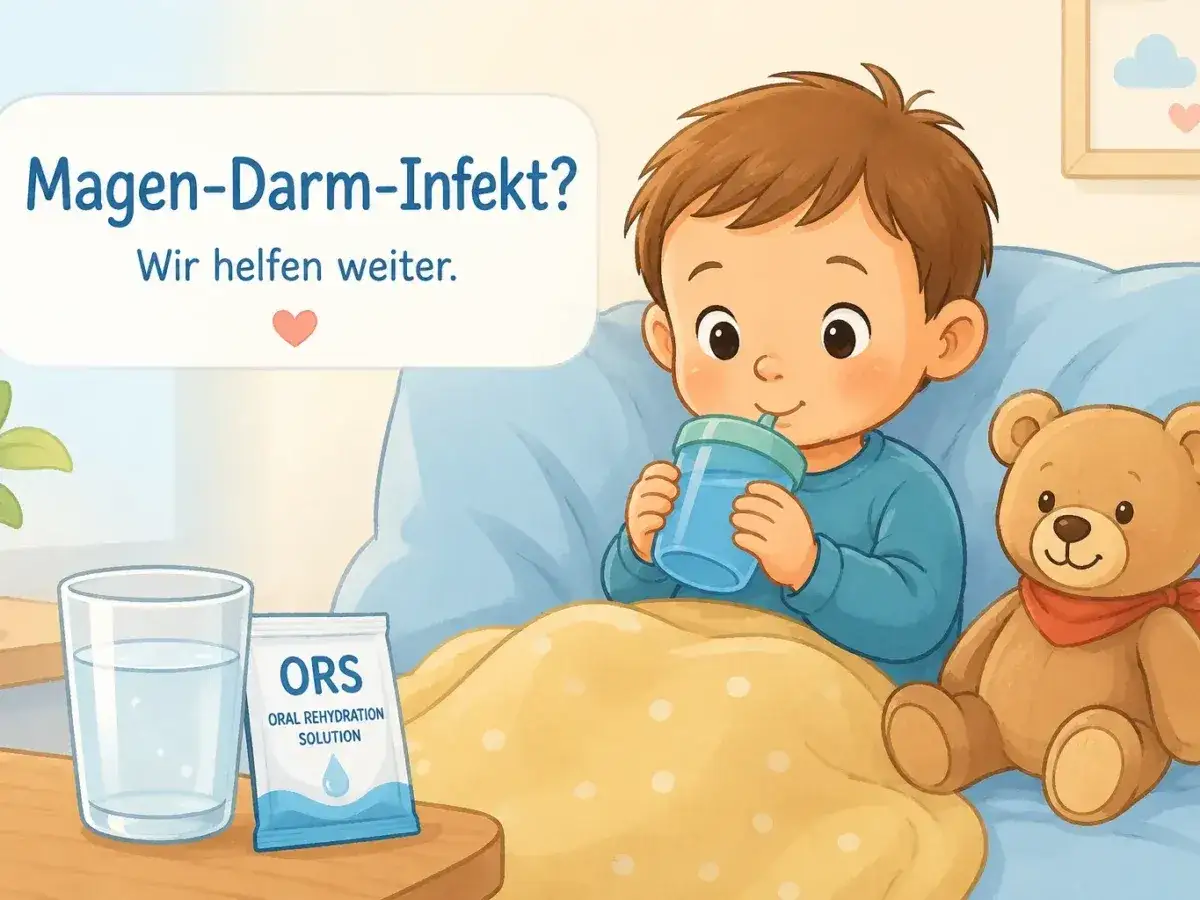 Ein Junge trinkt im Bett, neben ihm ein Teddybär, ORS-Päckchen und Wasser.