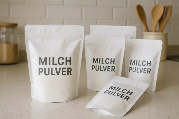 Mehrere weiße Beutel mit der Aufschrift "MILCH PULVER" stehen auf einer Arbeitsplatte. Perfekt für die einfache milchpulver zubereitung.
