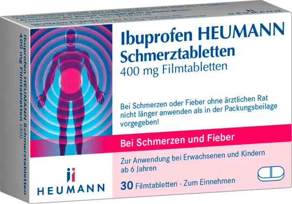 Ibuprofen HEUMANN Schmerztabletten 400 mg. Bei Schmerzen und Fieber. Stillzeit-Hinweis beachten.