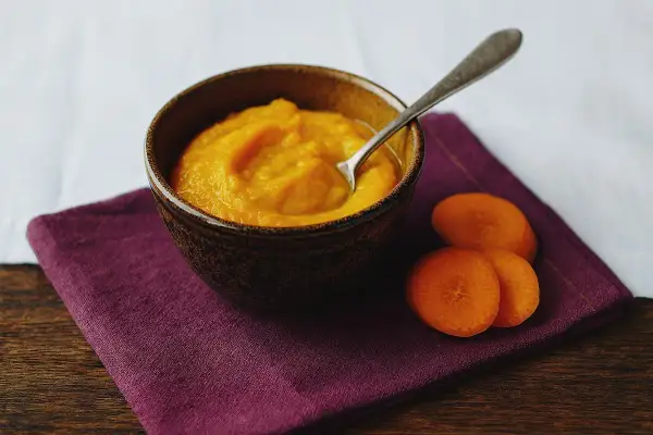 Ein Schälchen mit orangefarbenem Babybrei, daneben Karottenscheiben. Perfekt für den ersten Fisch Babybrei.
