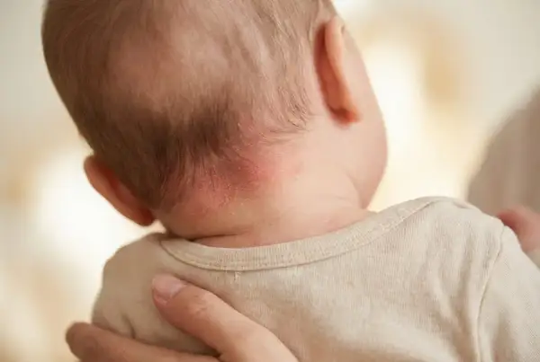 Rötungen und Schuppen am Nacken eines Babys, die auf trockene Kopfhaut hindeuten. Eltern suchen oft nach trockene kopfhaut hausmittel.