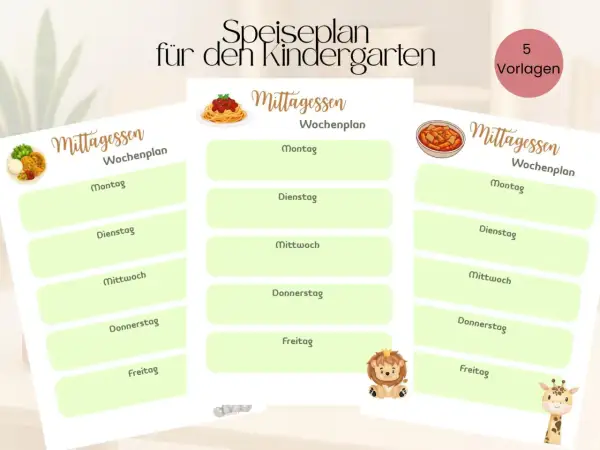 Speiseplan für den Kindergarten: gesunde Mittagsmahlzeiten für jeden Tag der Woche, illustriert mit niedlichen Tieren.
