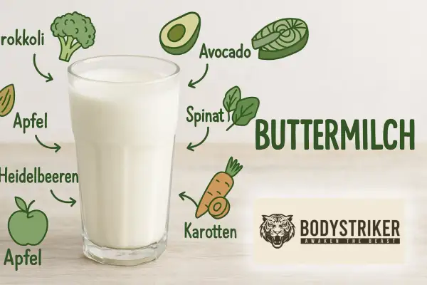 Ein Glas Buttermilch, umgeben von Illustrationen gesunder Lebensmittel wie Brokkoli, Apfel und Karotten. Ideal für ein Kleinkind.