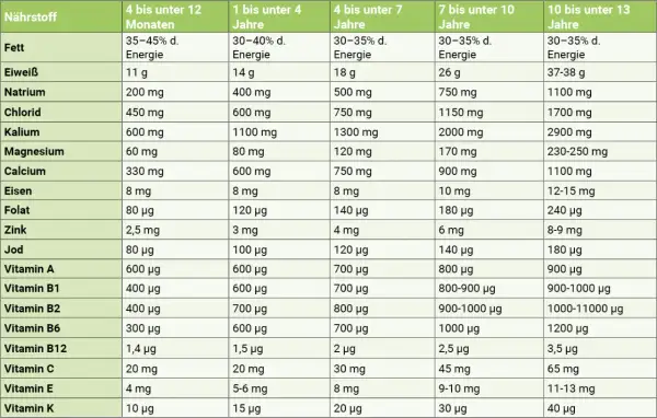 Übersicht der Nährstoffempfehlungen für verschiedene Altersgruppen. Diese mineralstoffe liste zeigt Mengen von Fett bis Vitamin K.
