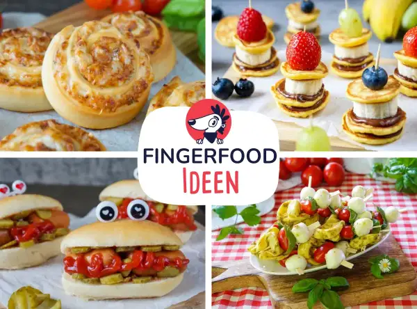 Leckere Ideen für schnell Fingerfood Kinder: Mini-Hotdogs mit lustigen Augen, süße Pfannkuchen-Spieße und Käseschnecken.